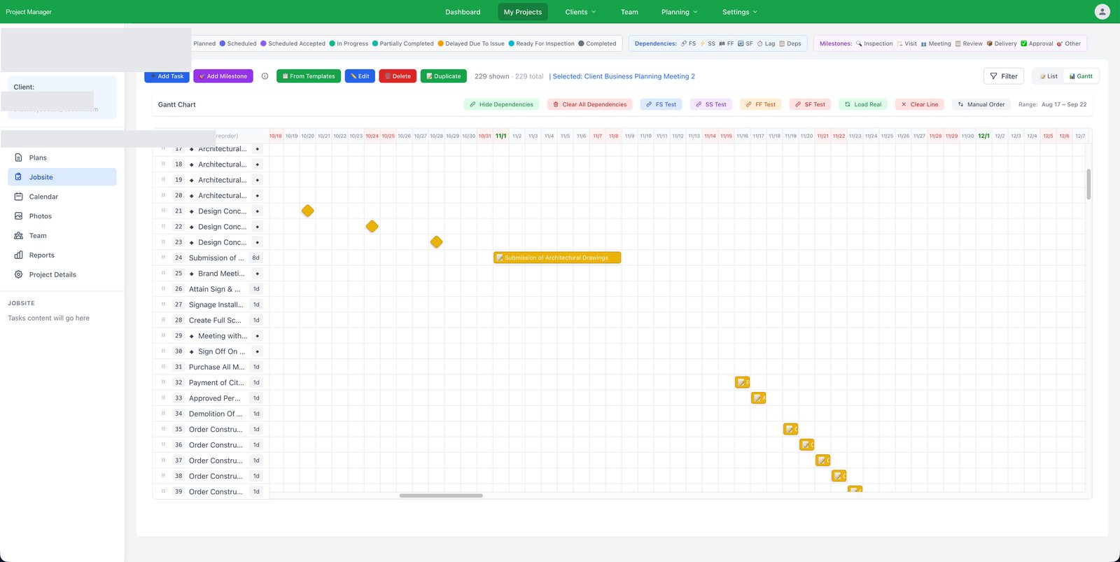 Jobsite Gantt chart with tasks, milestones, and schedule controls