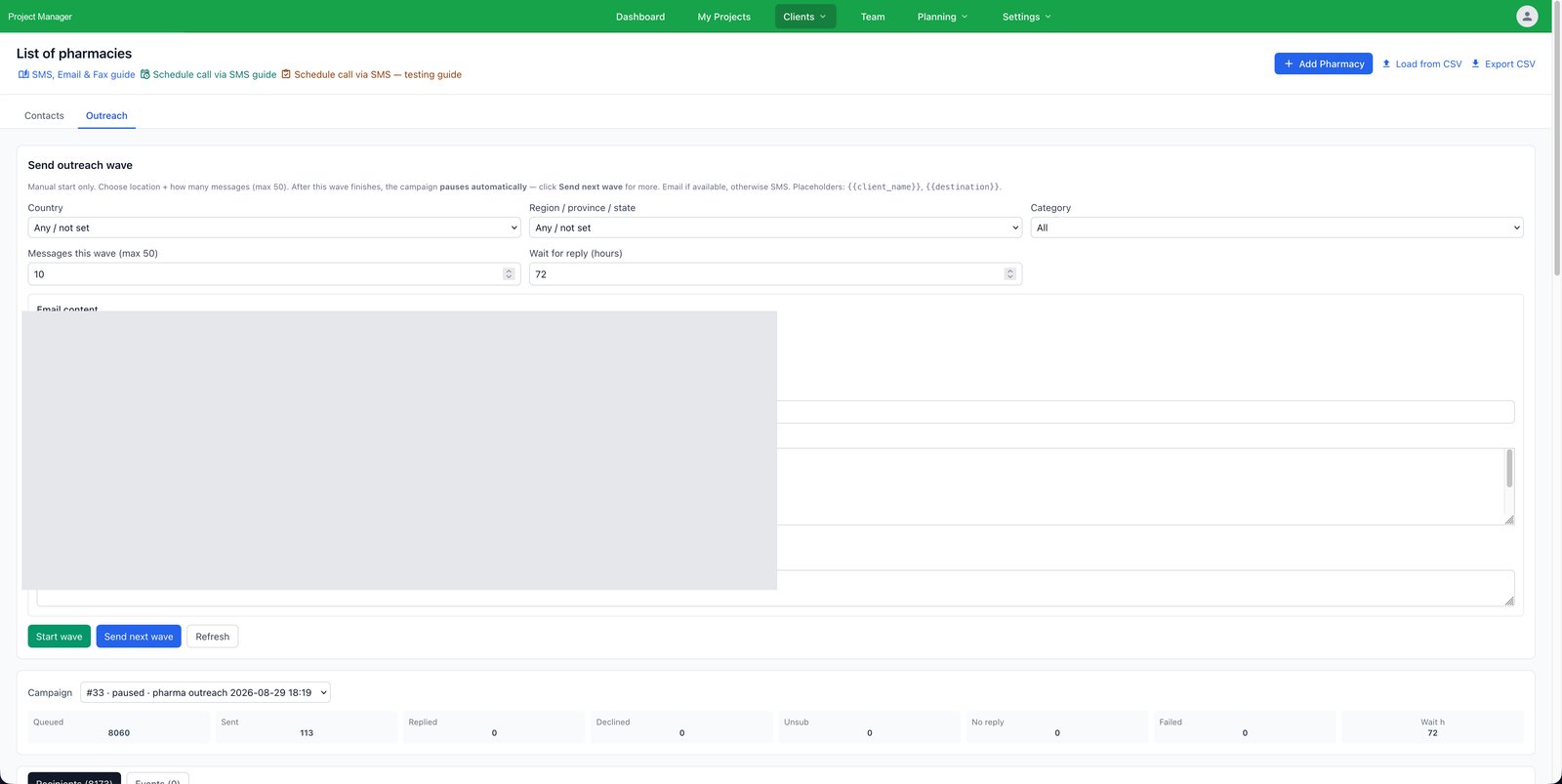Outreach waves by email and SMS with campaign statistics